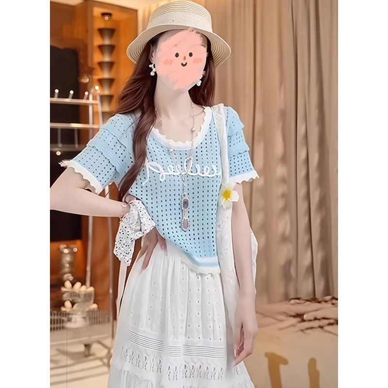 韩系甜美风镂空拼接显白针织衫女短袖夏季新款气质高级感短款上衣