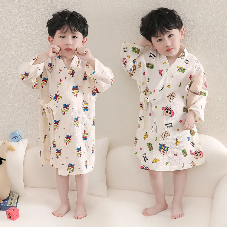 男童夏季睡袍100%全棉纱布儿童长袖睡衣男孩宝宝薄款浴袍家居服