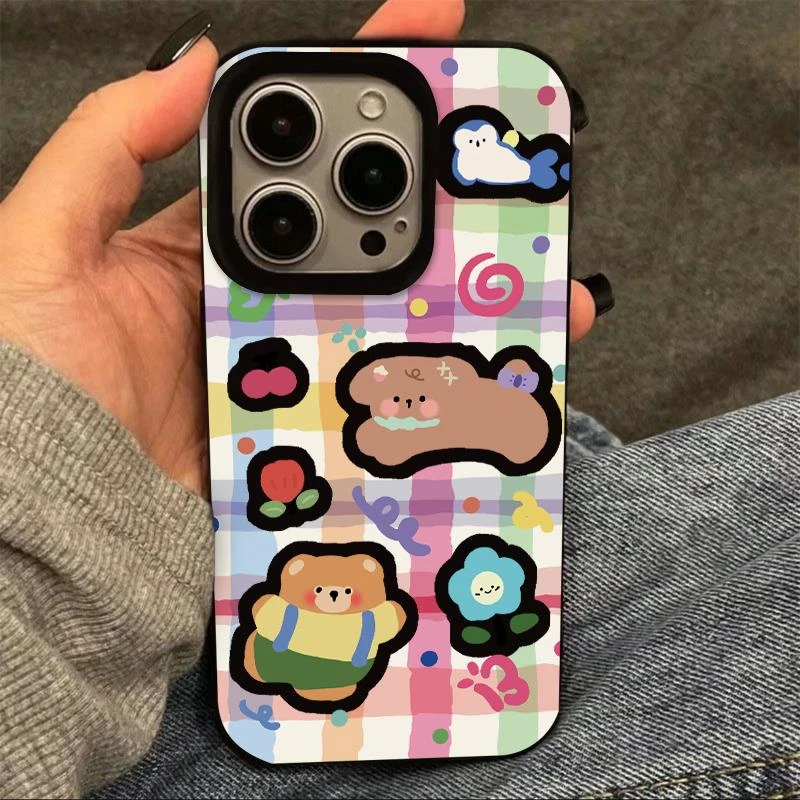 BANCA彩色格纹小熊适用苹果16/15pro果冻手机壳华为vivo小米oppo