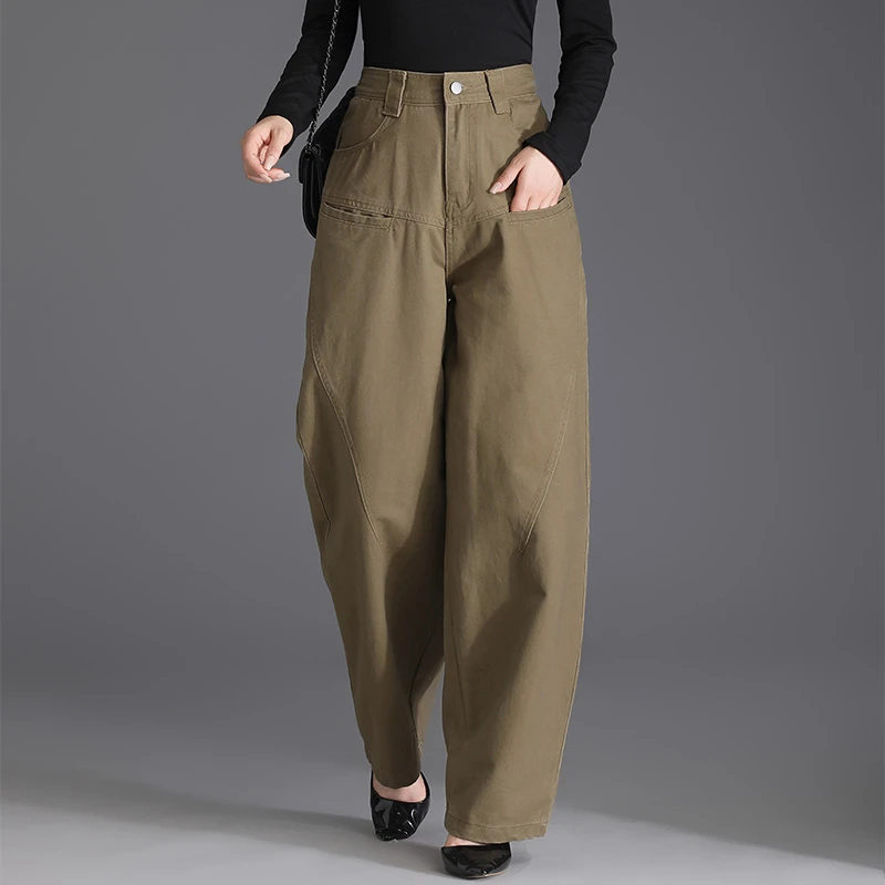 2025秋季新款女裤高腰卡其色时尚宽松灯笼裤大码子休闲哈伦镰刀裤