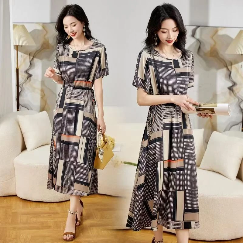 【羽墨家】方格裙中长款修身裙子大码女装时尚妈妈装夏季新款过膝裙
