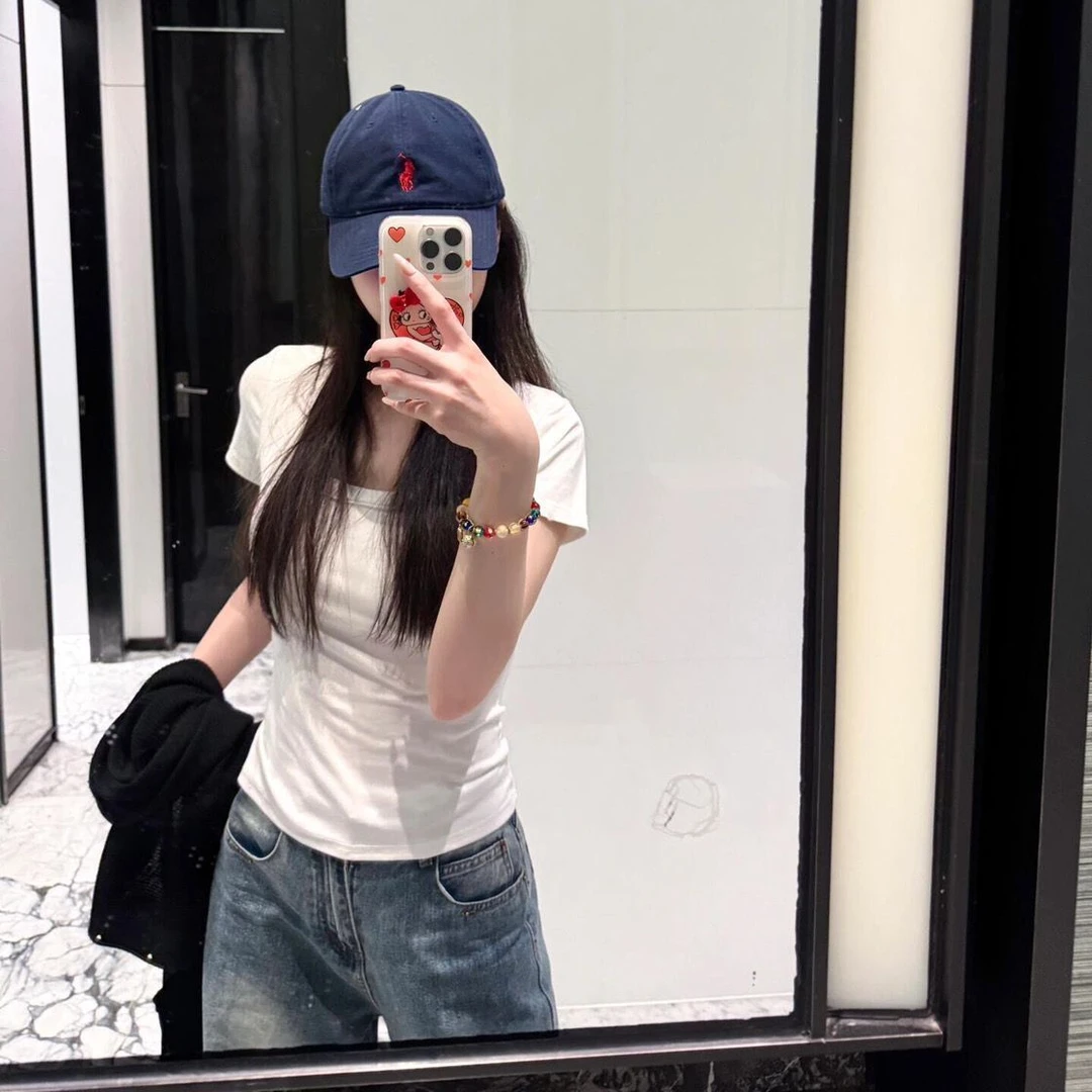 基础款简约纯色U领正肩短款t恤女夏季修身显瘦纯欲辣妹短款上衣潮