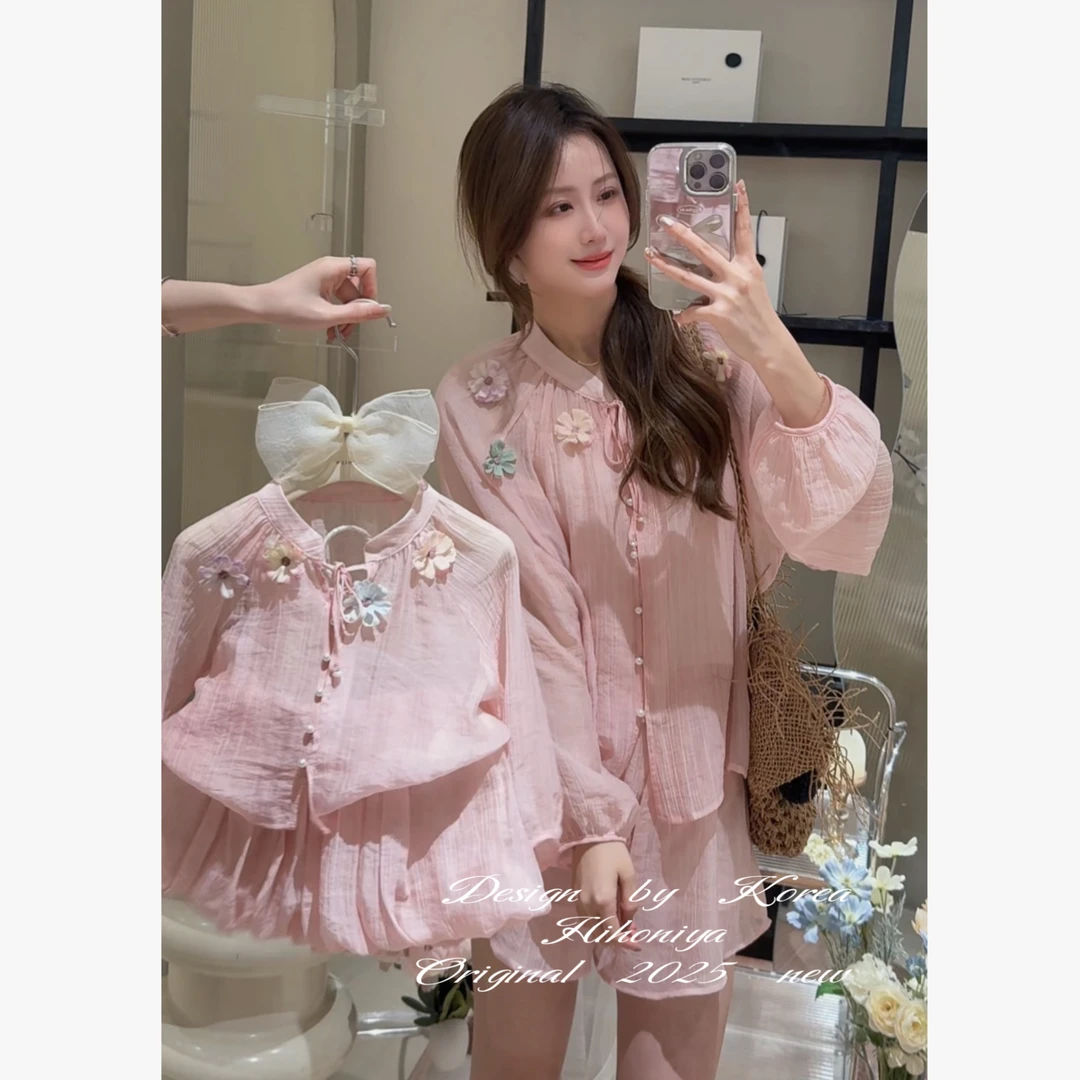 【花影流苏】三Hihoniya~2025春夏欧若风亲子粉色花朵甜美韩版套装