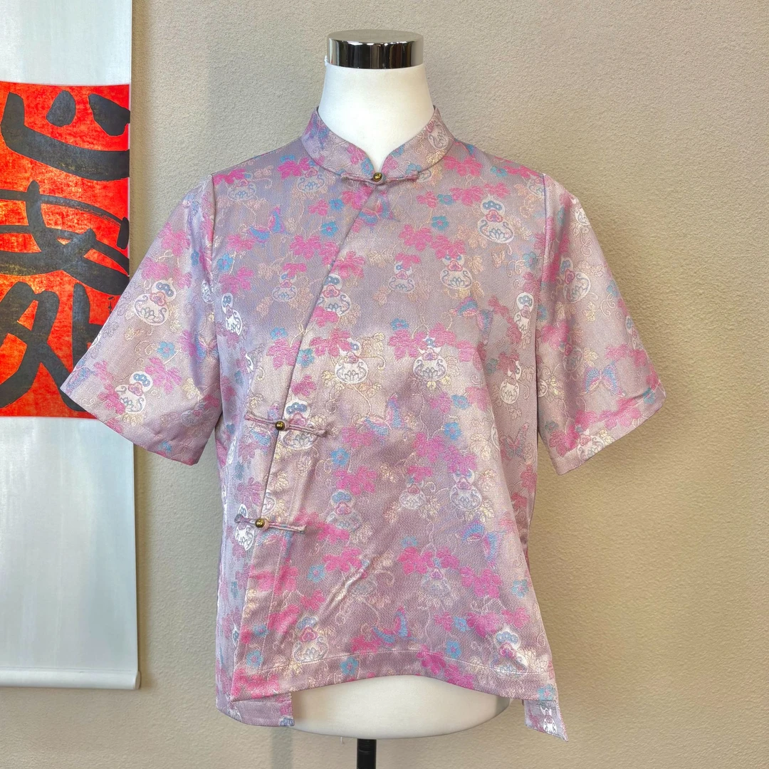 【绯影凝香】桑蚕丝织金双面异色罗葫芦花夏季上衣250407