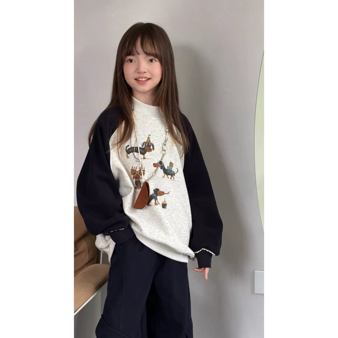 女童2025秋冬新款中大童卡通小马拼接蕾丝花边加绒套头卫衣255057