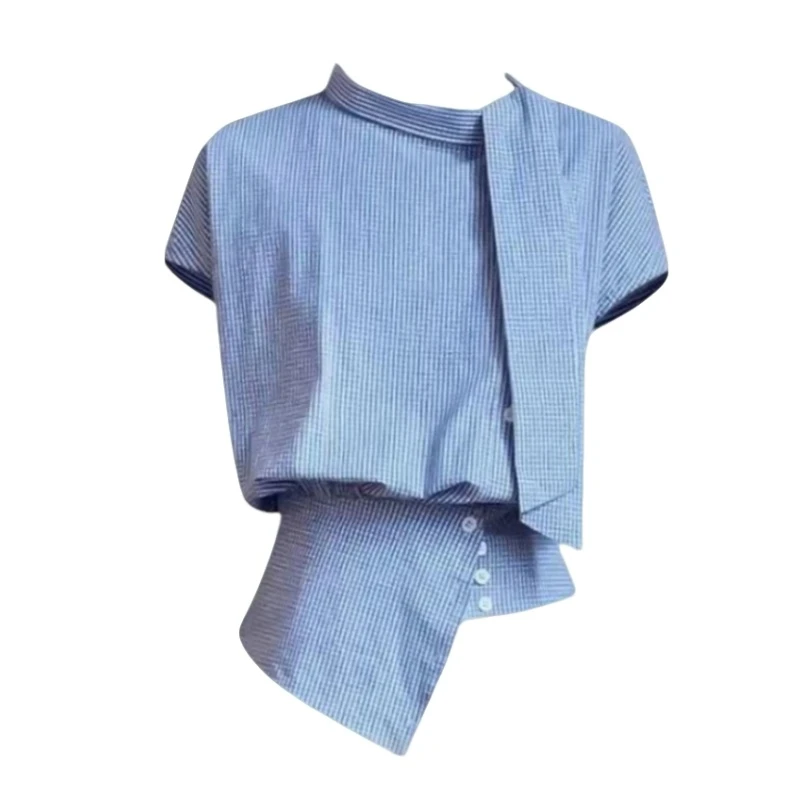大码胖妹妹设计感飘带蓝色格子衬衫女夏季新款不规则别致显瘦上衣