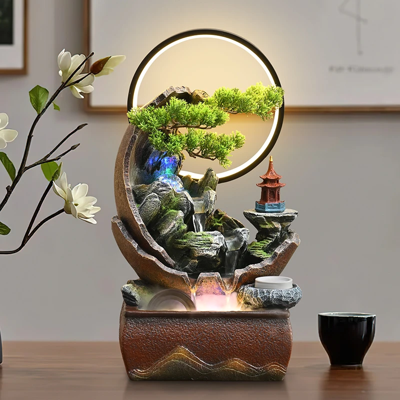 新中式假山循环流水摆件办公室桌面客厅茶室玄关装饰乔迁开业送礼
