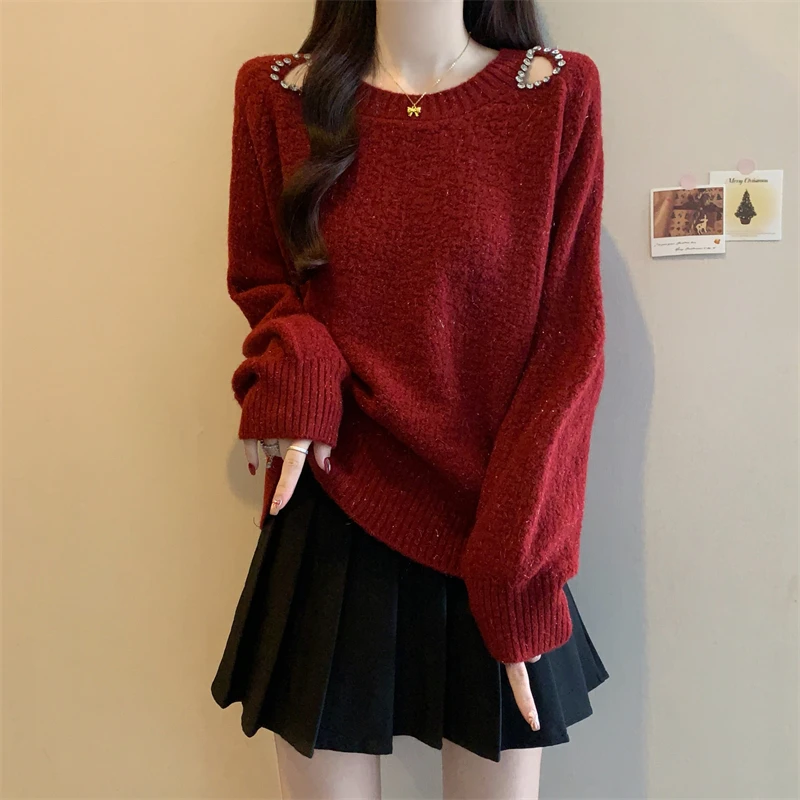 实拍法式高级感镶钻毛衣女2025早秋新款设计感心机露肩显瘦针织衫