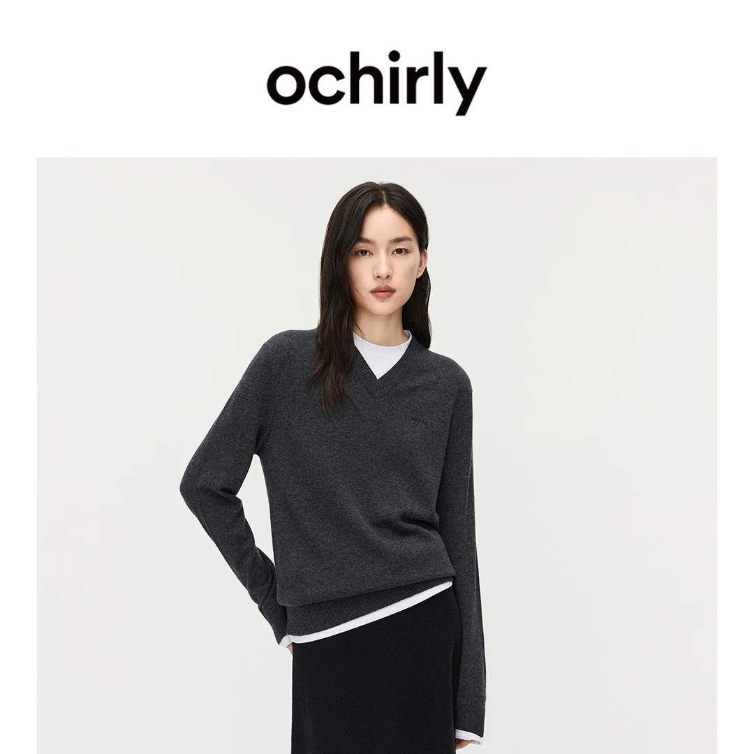 OCHIRLY欧时力 100%羊毛假两件毛衣女V领针织上衣2025秋季新品