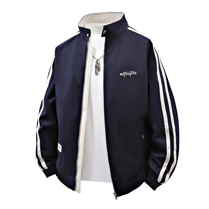 春季新款潮牌立领夹克男士休闲宽松美式条纹拼接大码运动风外套潮