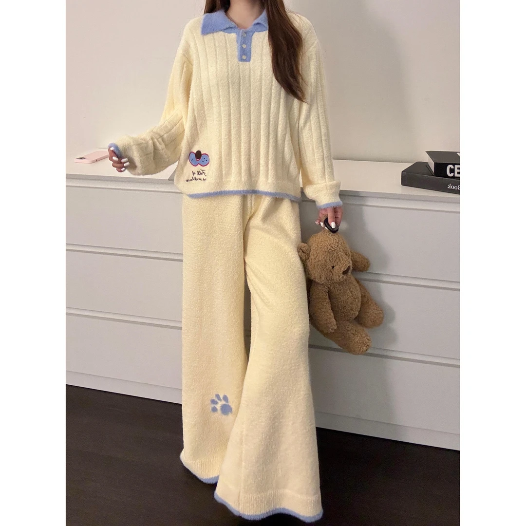 【DMXJ大梦想家】韩系软萌卡通半边绒睡衣女款秋冬款针织家居服套装