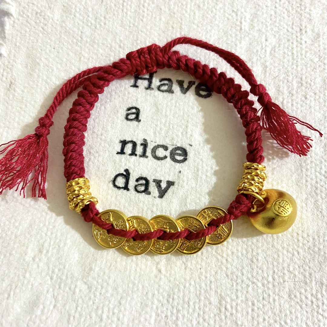 铜合金手链 新中式国风原创手工编织红绳小五帝钱胖福手链手绳