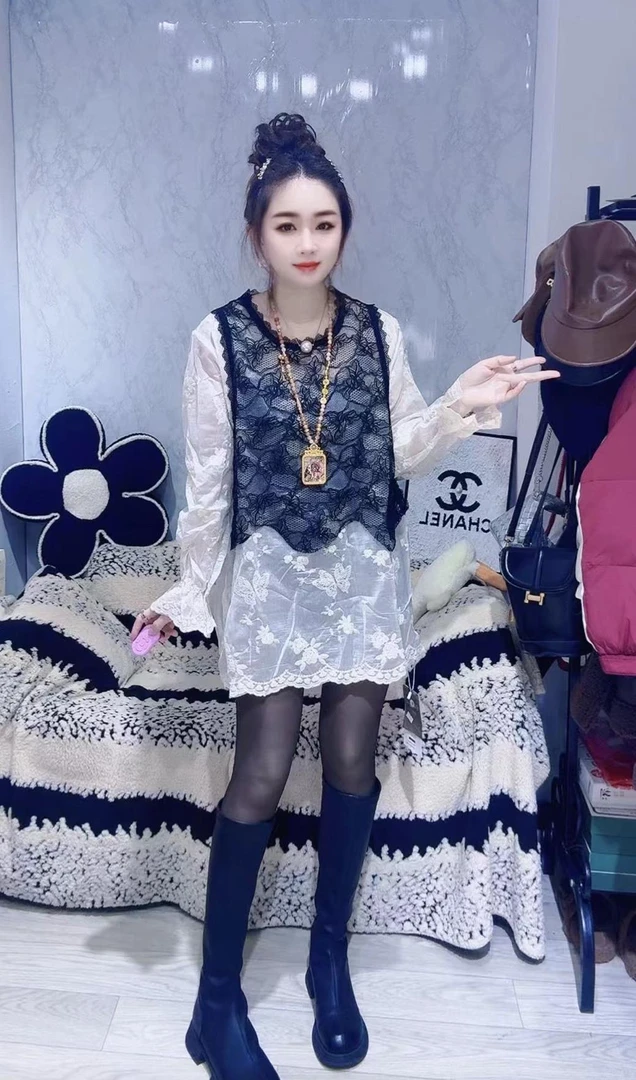 HJ03#新款荷叶袖套头蕾丝衫喇叭袖中长款休闲风假两件长袖纯色