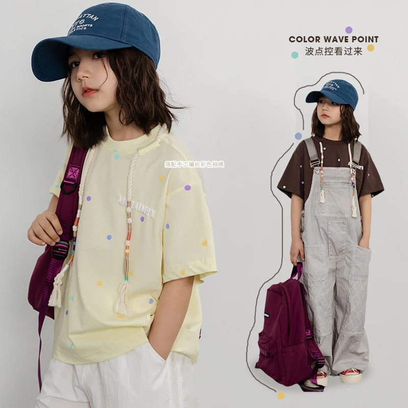 女童短袖T恤洋气波点2025夏季新款儿童宽松潮酷休闲童装E52G2062