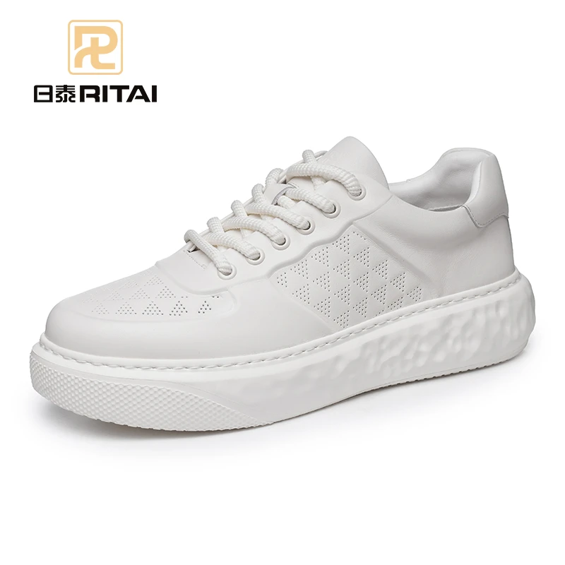 日泰老钱风头层牛皮商务透气休闲秋季厚底休闲板鞋白色舒适潮鞋男