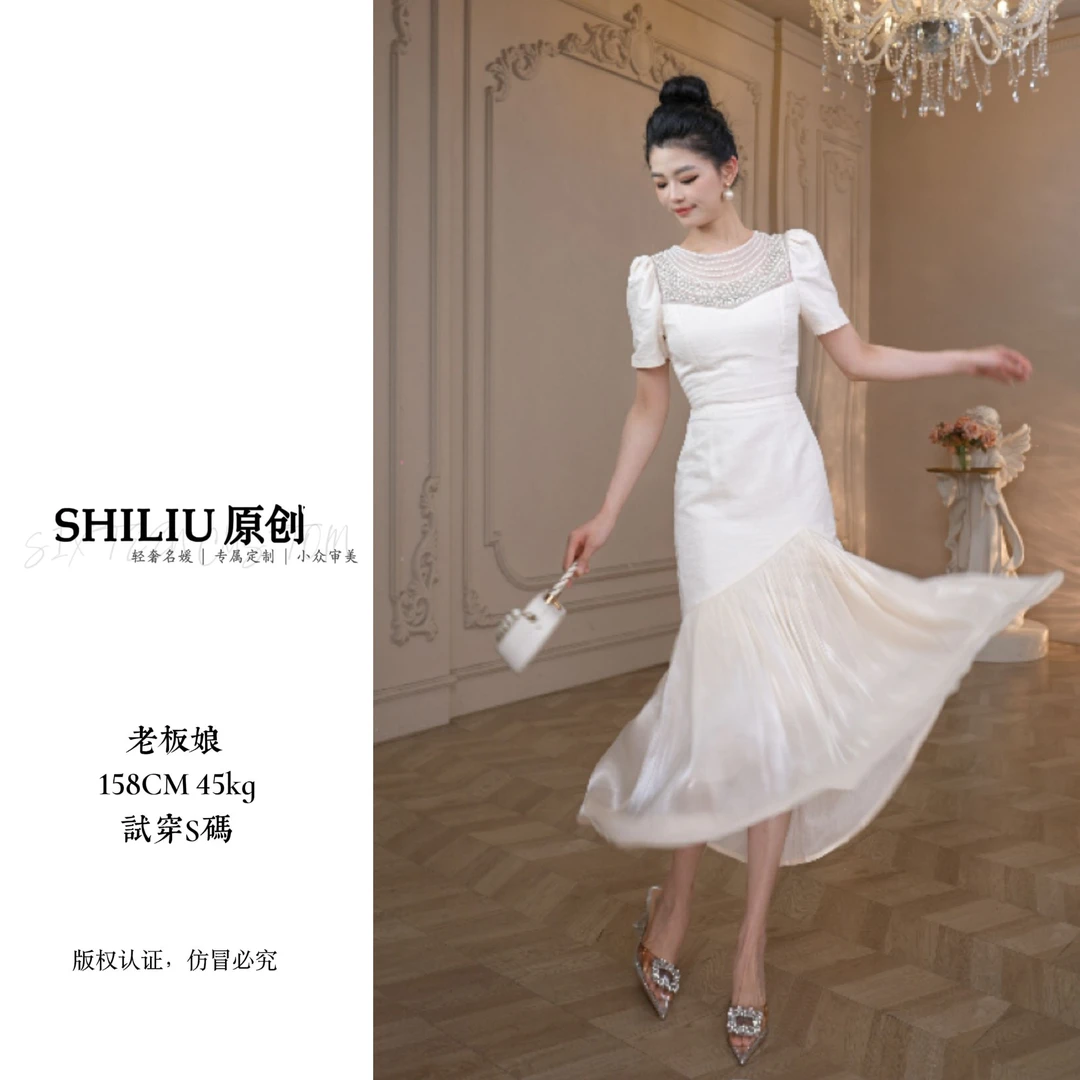 【十六原创】9067杏白色修身时尚女装连衣裙显瘦百搭夏季