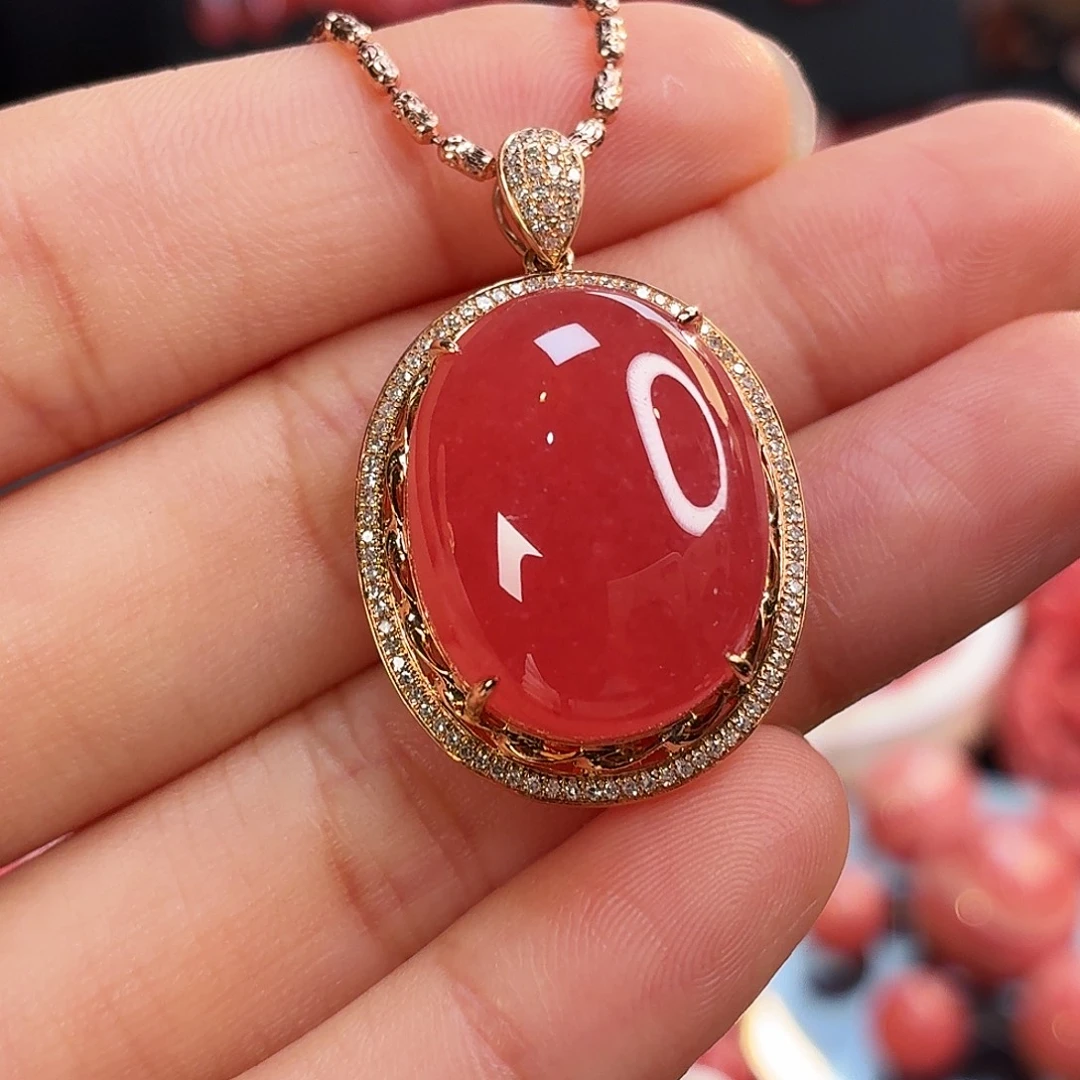 菱锰矿（红纹石）18K金镶嵌吊坠(不含链)