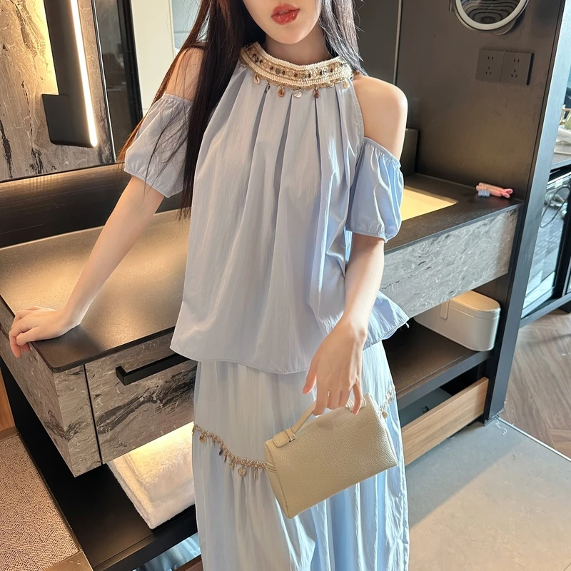 重工钉珠露肩短袖衬衫上衣女2025夏季新款松紧腰大裙摆中长裙套装