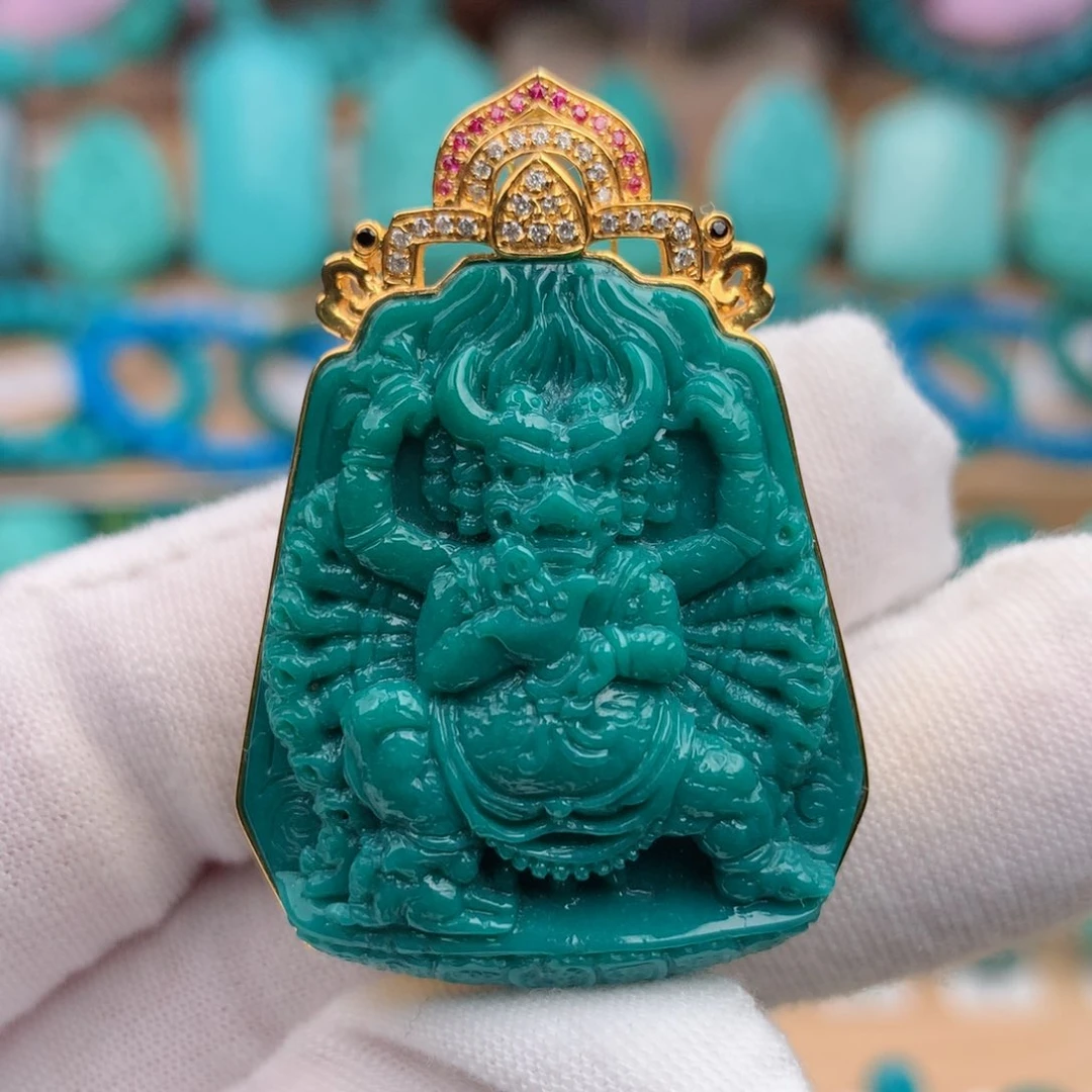 18K金镶嵌绿松石珠宝奇石大威德金刚