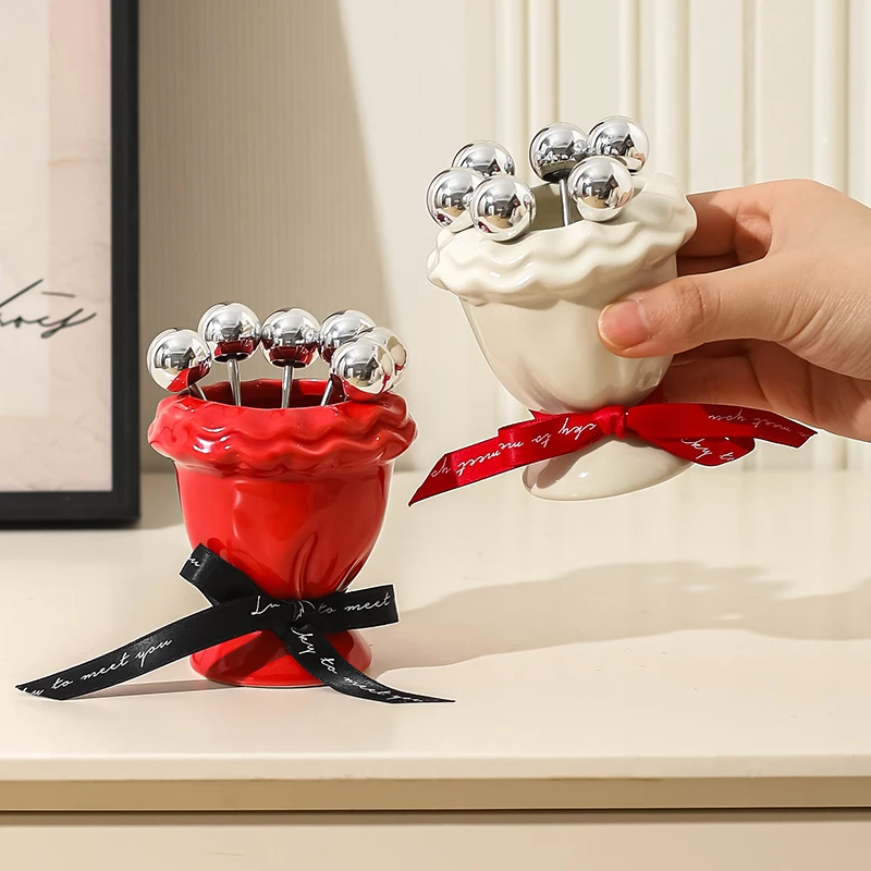 川岛屋水果叉套装轻奢高级感家用甜品叉子收纳罐不锈钢安全水果签