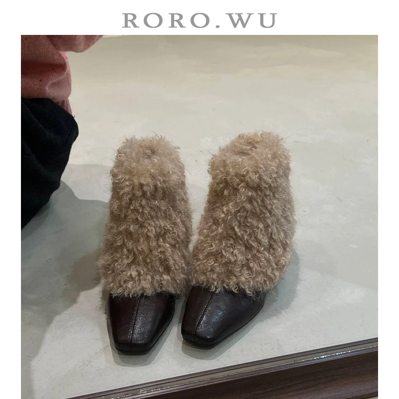 娆娆吴·加绒保暖简约方头内增高毛毛靴冬季新款短筒皮靴女Z96