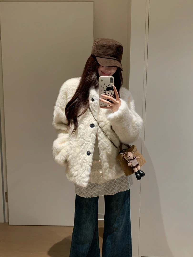 松茶可可 高级感环女冬小个子小湖立领毛毛宽松短外套