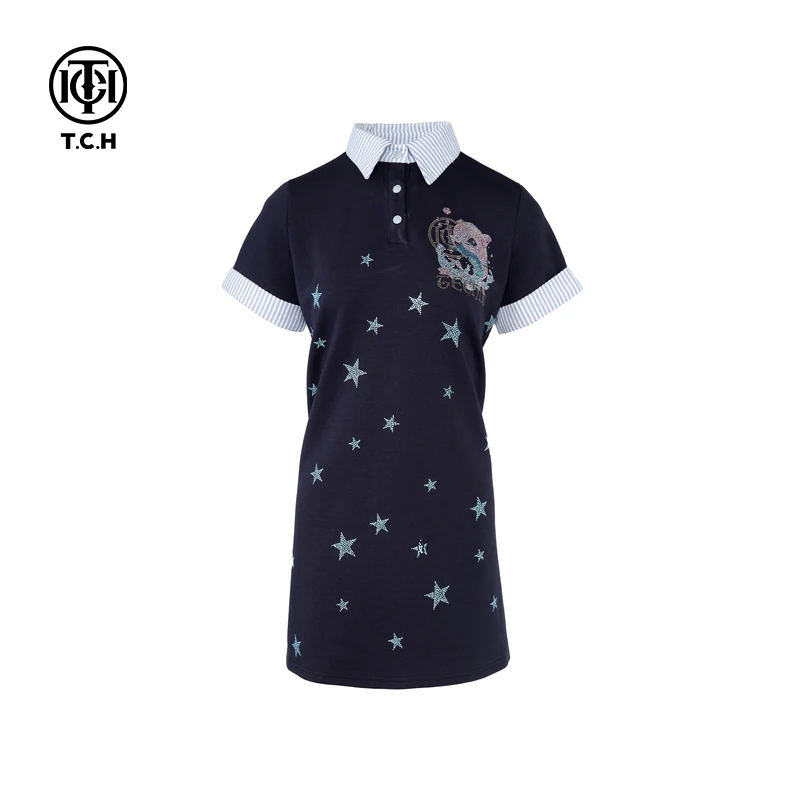 私服-TCH小海豚烫钻时尚休闲春夏针织女士翻领连衣裙T75A30E5006