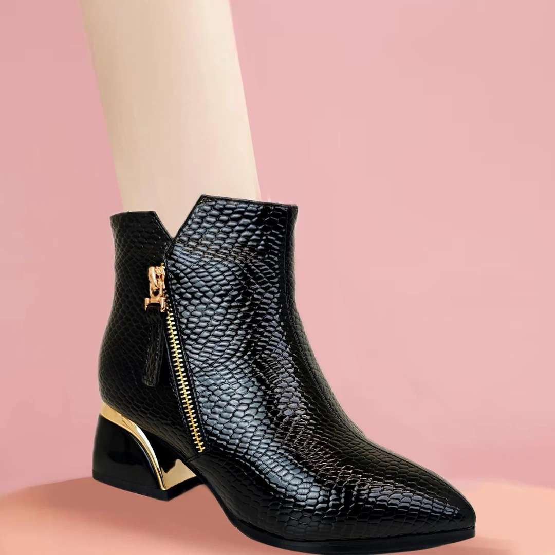 法式保暖侧拉链绒里气质时尚时装靴百搭短靴冬粗跟hy789-31