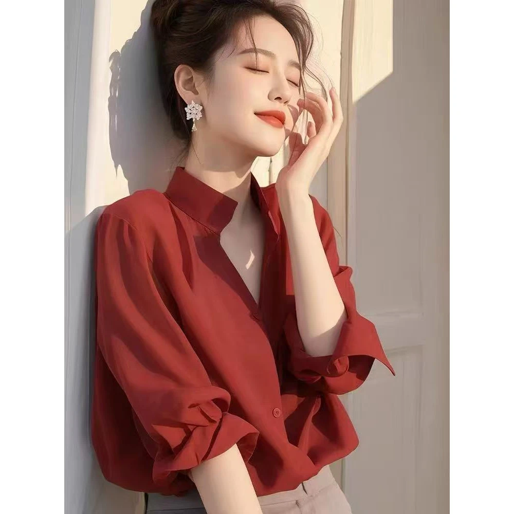 法式轻奢立领红色衬衫女设计感春秋独特别致漂亮小衫中袖上衣