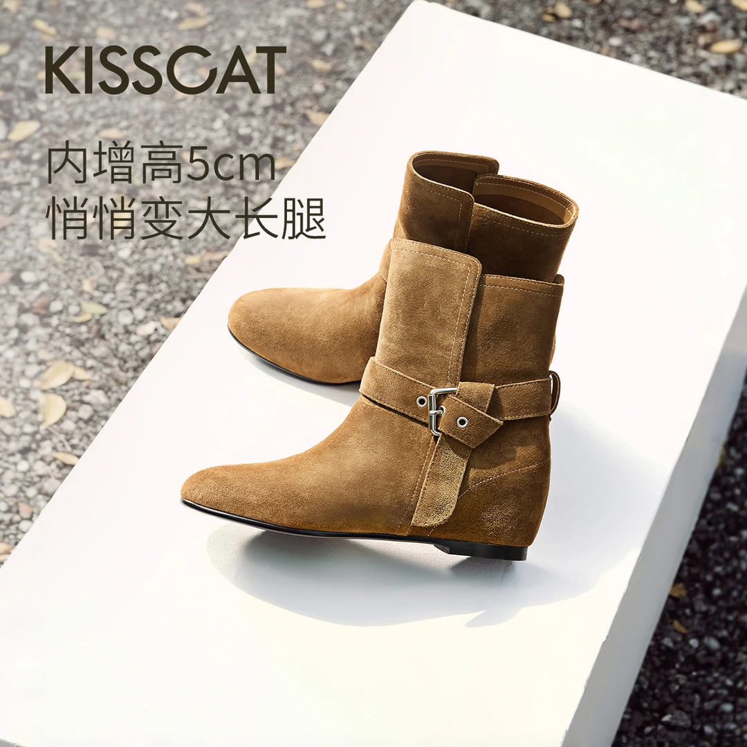 【商场同款】接吻猫25新内增高棕色[小鹿]西部牛仔靴KA65785-10