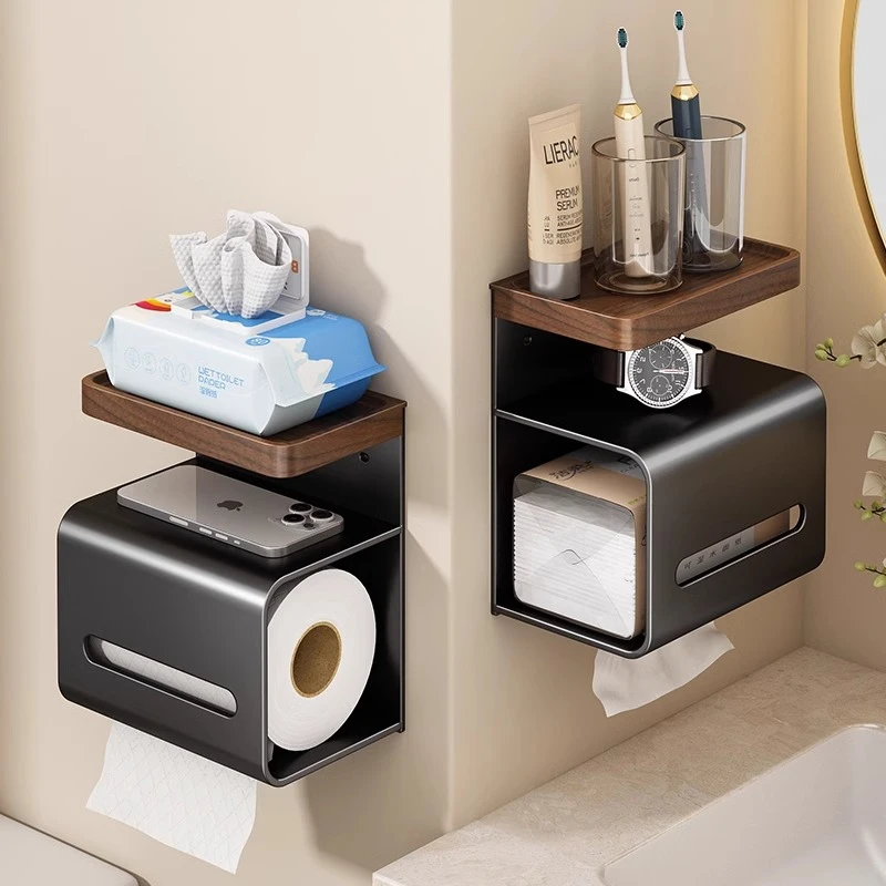 胡桃木卫生间纸巾盒厕所免打孔壁挂式抽纸厕纸置物架洗手间卷纸架