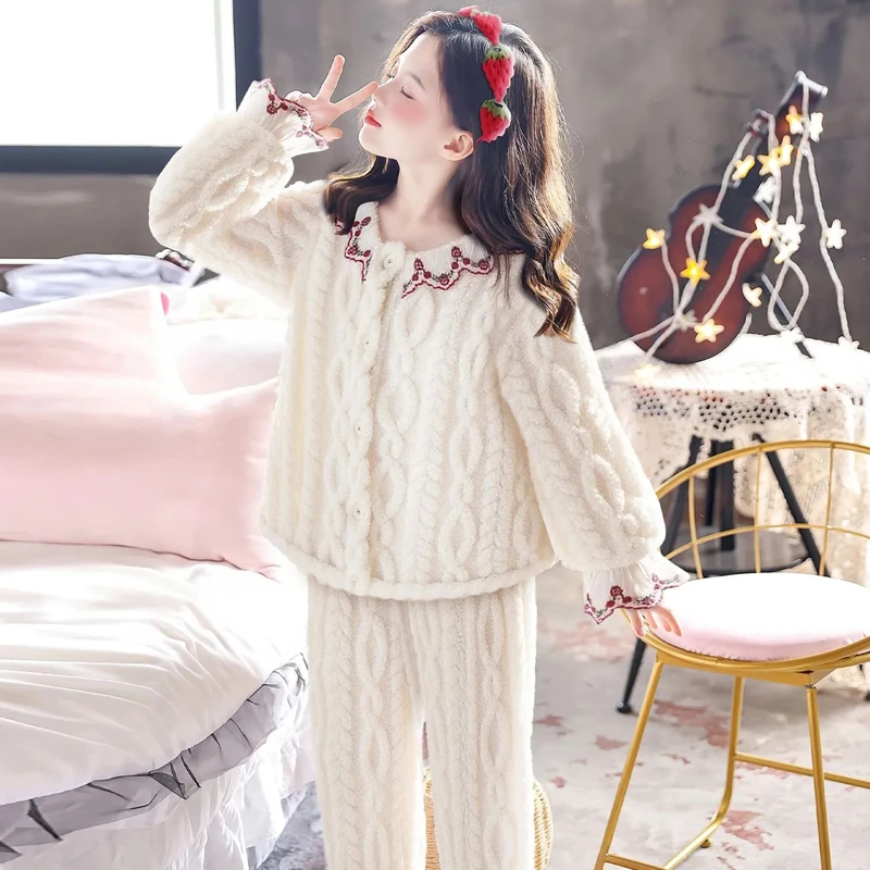 长袖女童珊瑚绒家居服套装秋冬季植物花卉中大童小女孩保暖睡衣