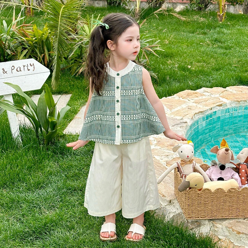 女儿服小童套装女童夏季2025新款洋气无袖娃娃衫女宝宝阔腿裤两