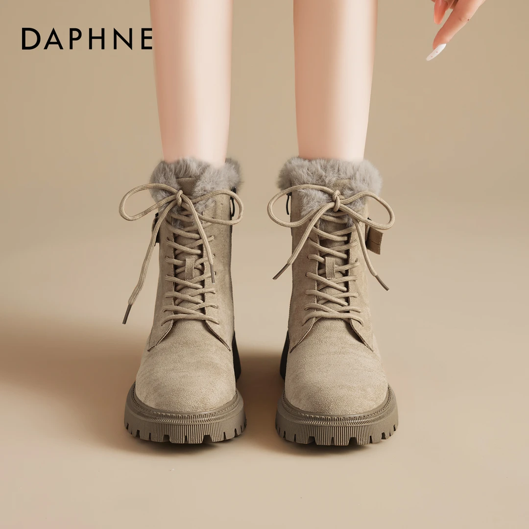 达芙妮厚底雪地靴女2025新款秋冬防寒保暖加绒马丁靴系带短靴子爆