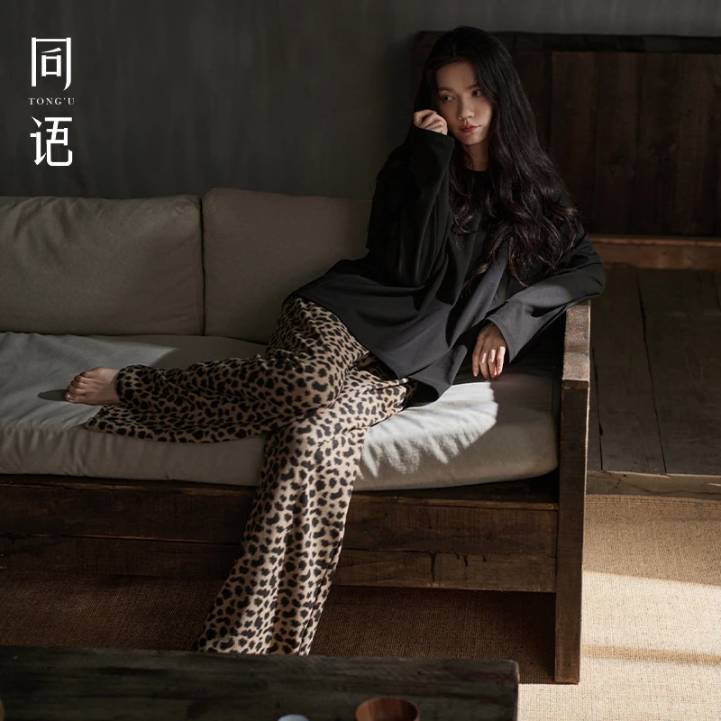 同语25年新款睡衣女款秋冬季柔软纯棉家居服长袖豹纹带胸垫套装冬