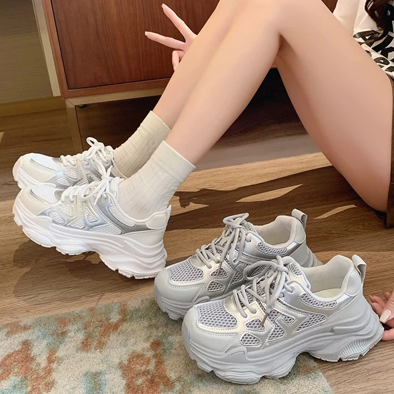 C2056潮牌银色老爹鞋2025秋季新款厚底炸街运动鞋女款网面透气