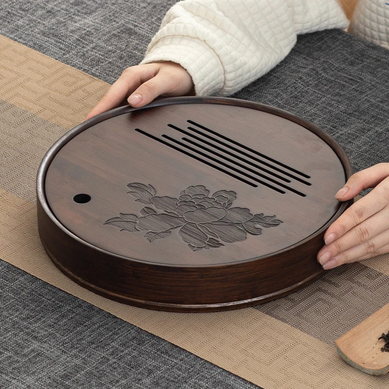 【牡丹盛水】中式茶盘圆形茶海储水式功夫茶具蓄水干泡盘茶几托盘