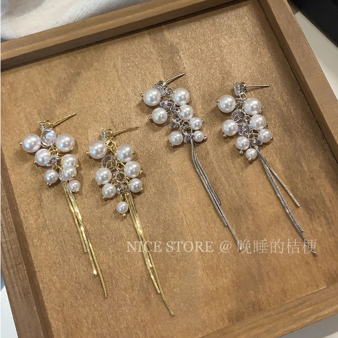 合金锆石耳饰 晚睡的桔梗「洛神赋」葡萄串锆石流苏耳环气质耳饰女