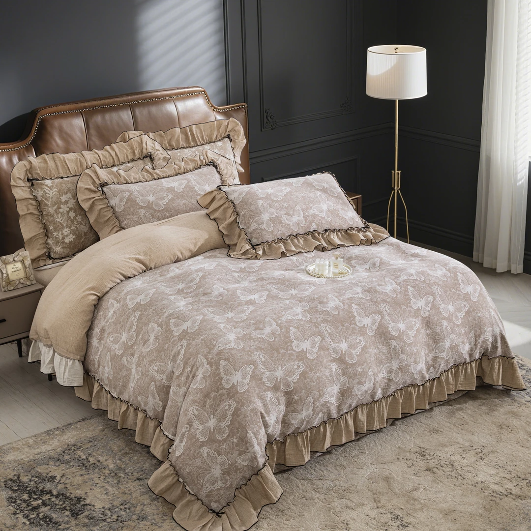 韩版【梦蝶-浅咖】全棉色织提花四件套柔软亲肤软糯舒适四季可用