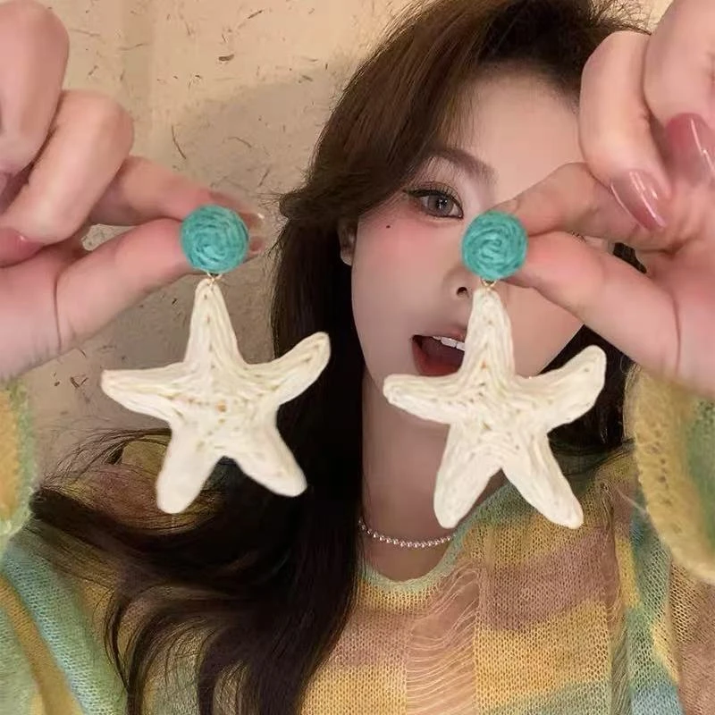 去海边 绿色花头草编海星耳环度假风个性夸张耳饰女绝美2025耳钉