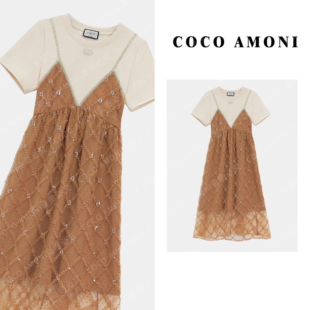 1假两件拼接纱裙A字大裙摆遮肉显瘦连衣裙ZC330