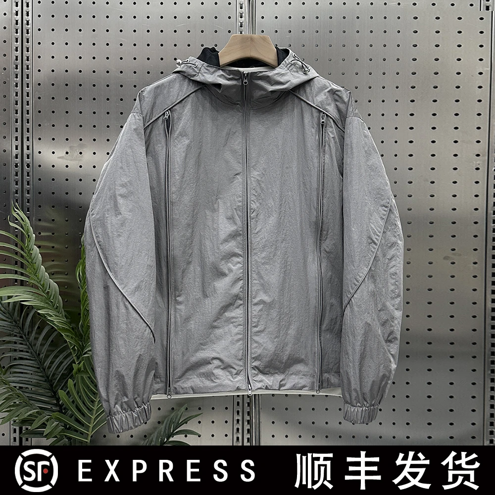 K053新款设计感薄款宽松休闲连帽拉链装饰拼接夹克外套