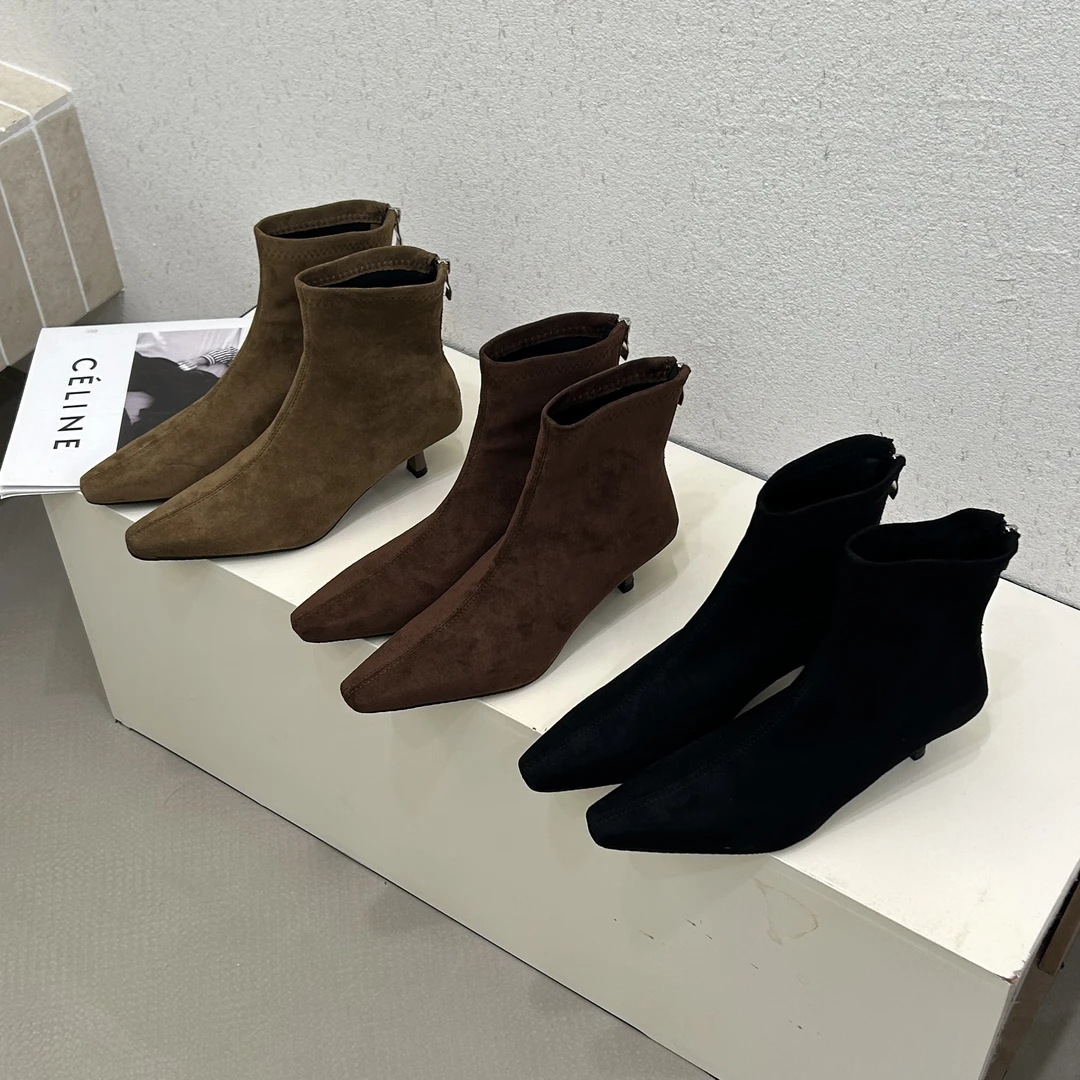 法式复古方头拼接细跟短靴女2025冬季气质百搭绒面瘦瘦靴时装裸靴