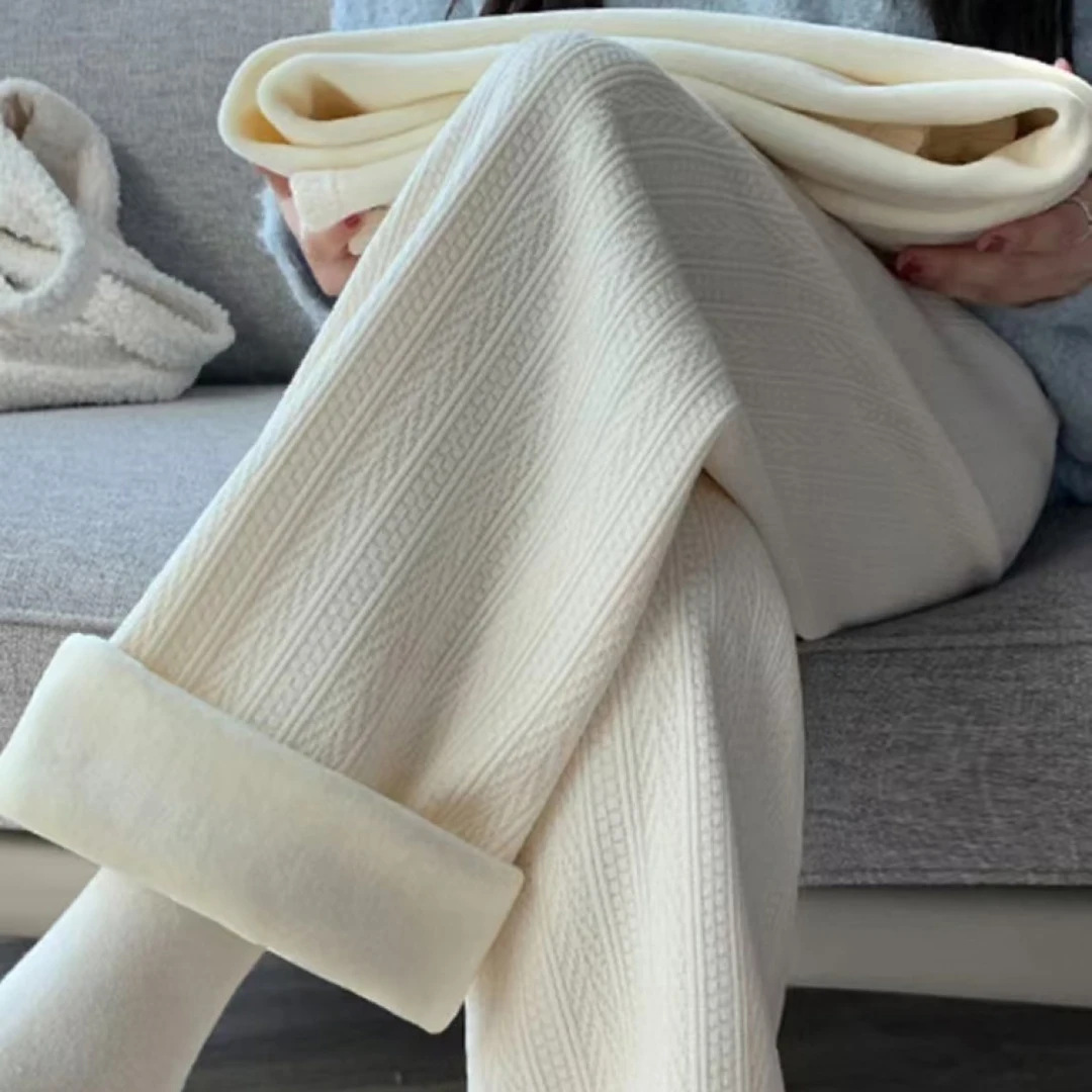 秋冬季白色加绒加厚麦穗纹阔腿裤女高腰垂感直筒休闲拖地长裤子女