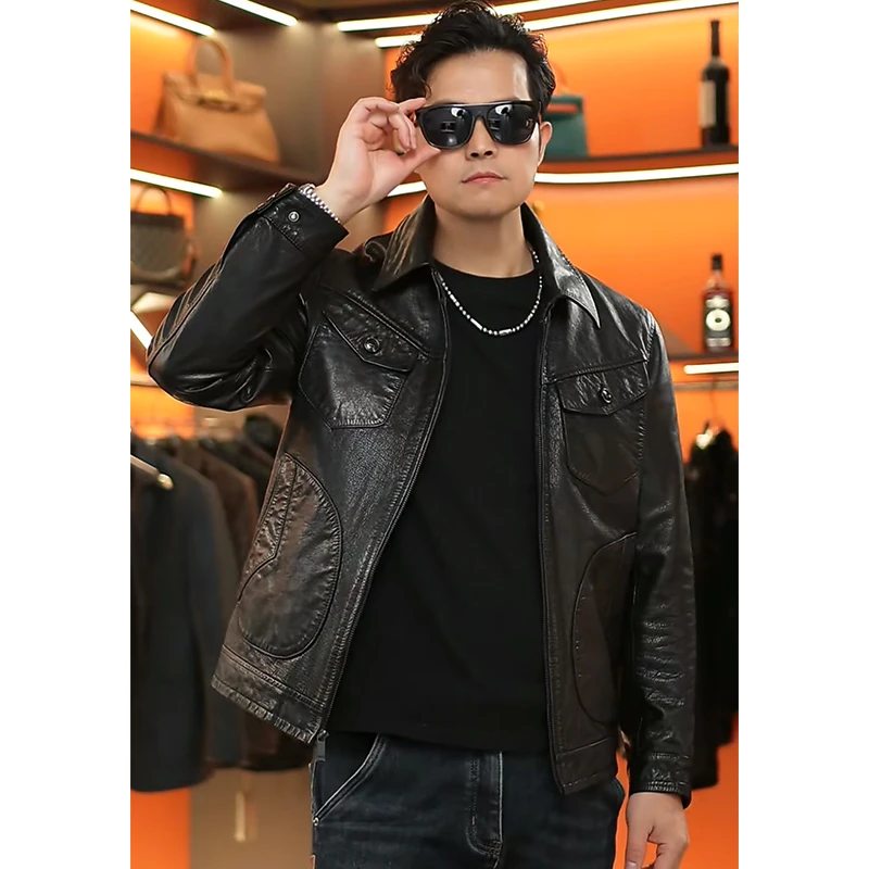 海宁百搭加厚真皮夹克修身型潮流男士常规皮衣短款青年薄款休闲