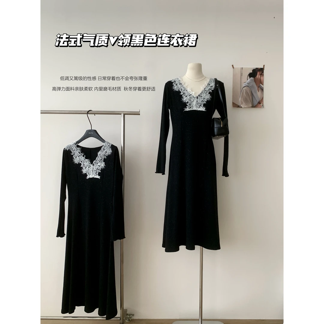 旧金山法式立体花朵领口长袖针织设计感修身显瘦连衣裙显瘦长裙