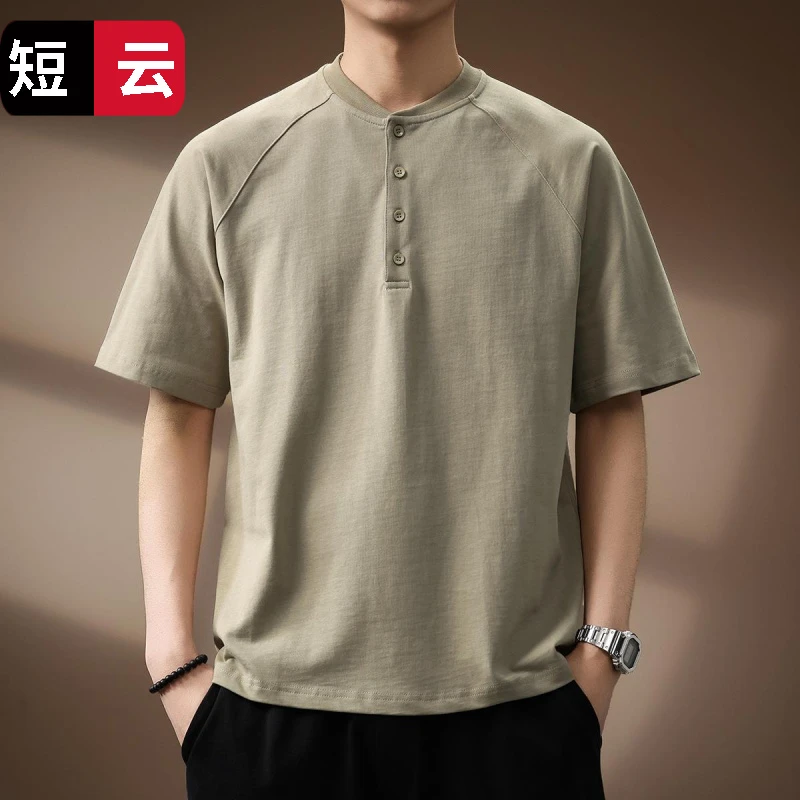 高端亨利领纯棉重磅男士Polo衫夏季潮牌体恤美式复古硬汉短袖T恤