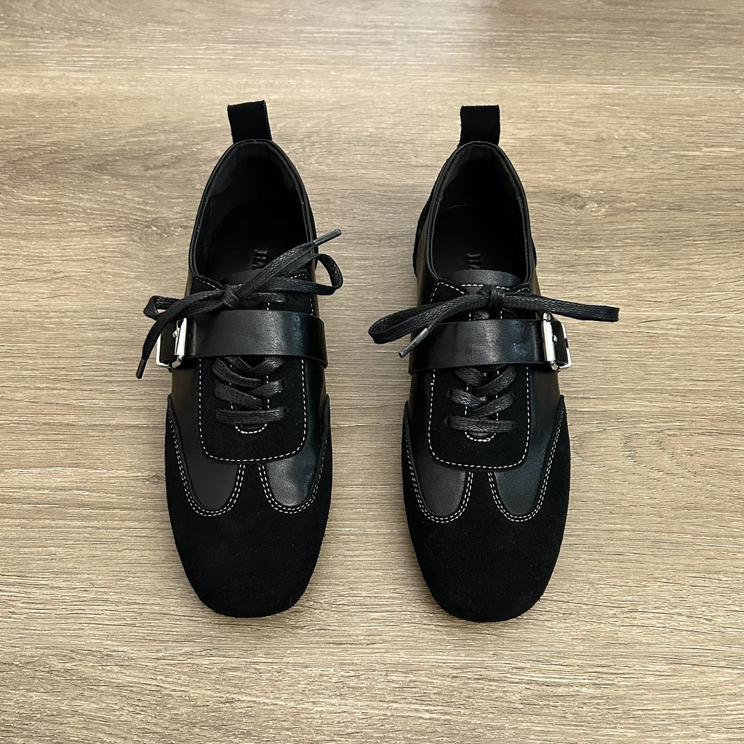 Dannyfrey方头平跟德训鞋女新款秋季内增高小猪鼻子潮酷小众单鞋