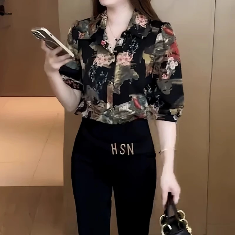 拉夏贝尔小个子雪纺衬衫女半袖碎花上衣夏季新款时尚短袖职业衬衣