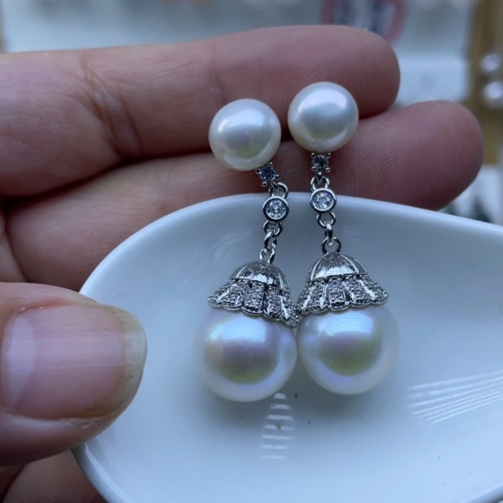 淡水珍珠银S925镶嵌耳饰